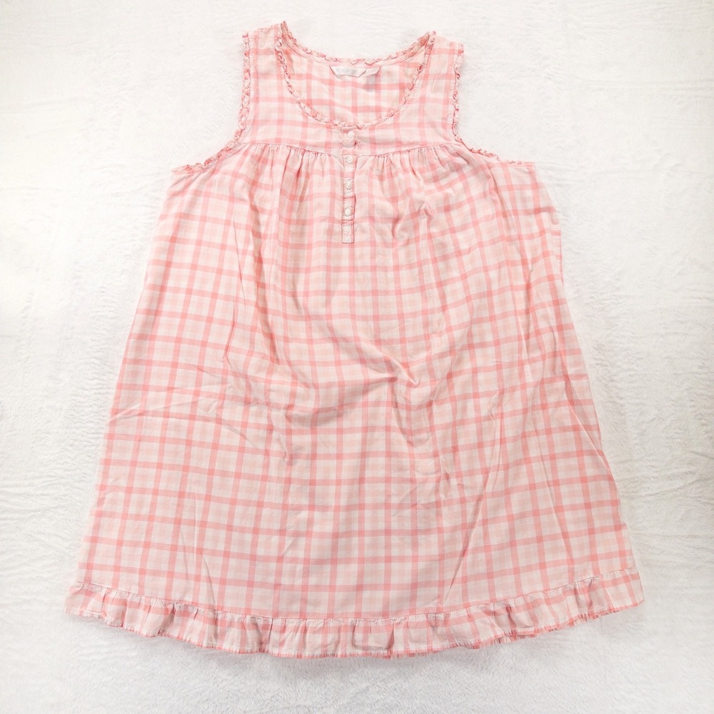 Adonna Womens Nightgown Large Pink Gingham Cotton Ruffle Sleeveless Sleepwear